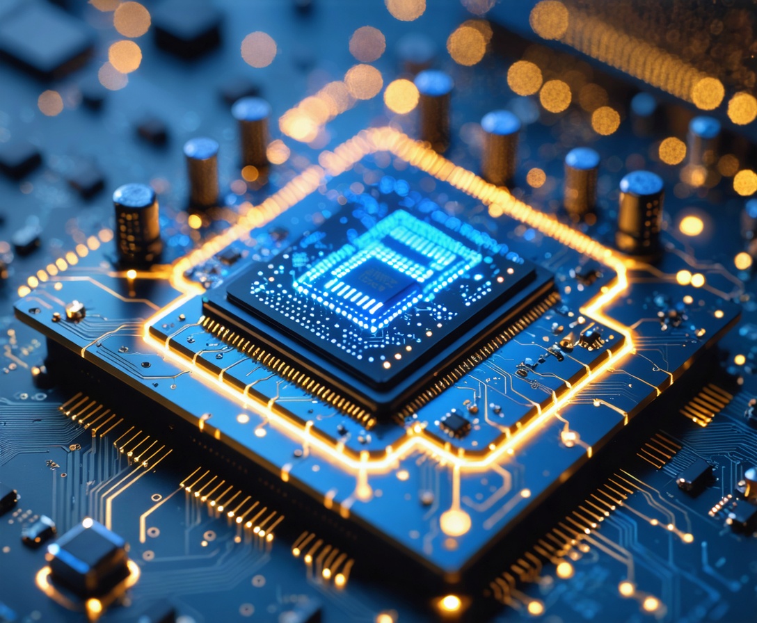 Dettaglio di un microprocessore con circuiti luminosi