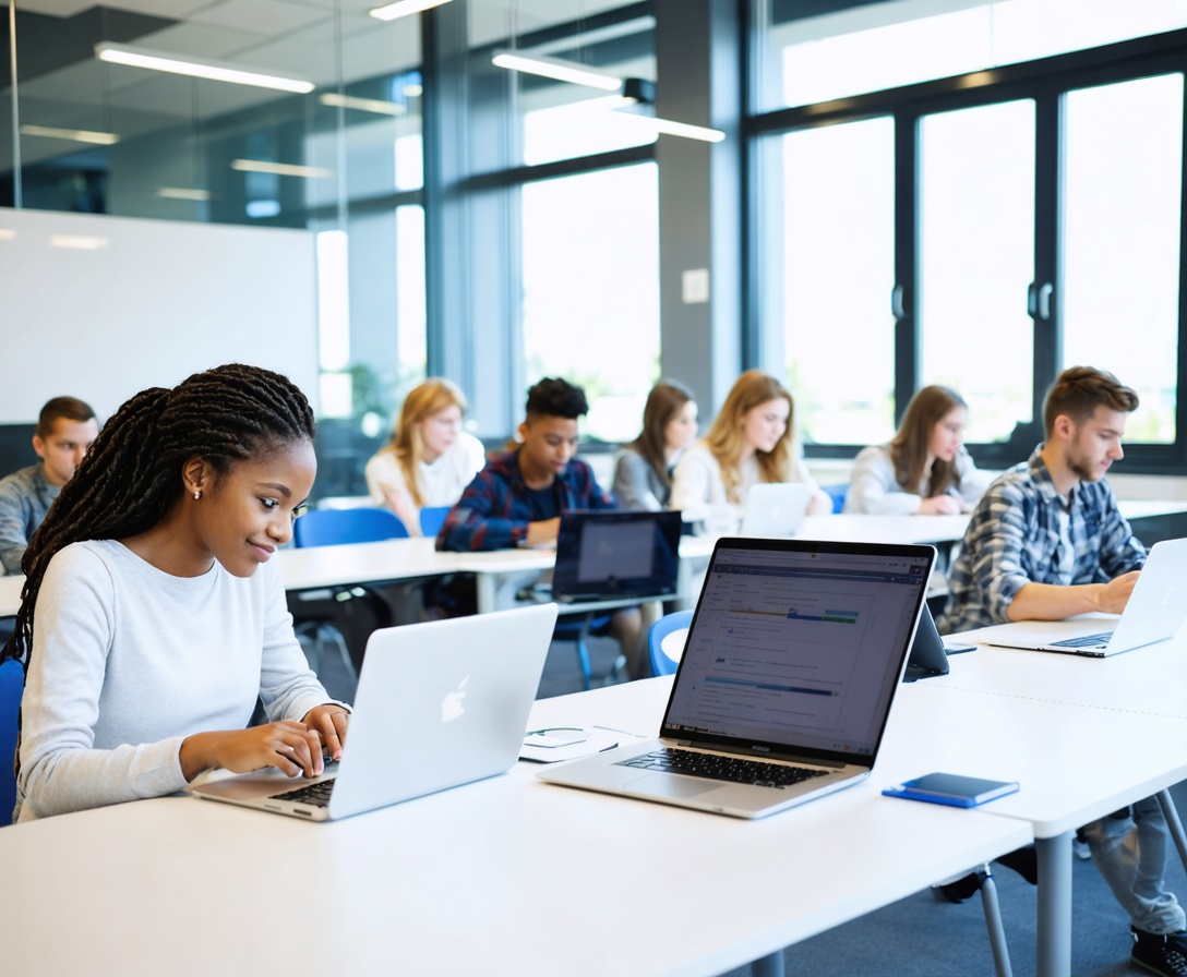 Studenti in un'aula moderna dotata di tecnologie avanzate