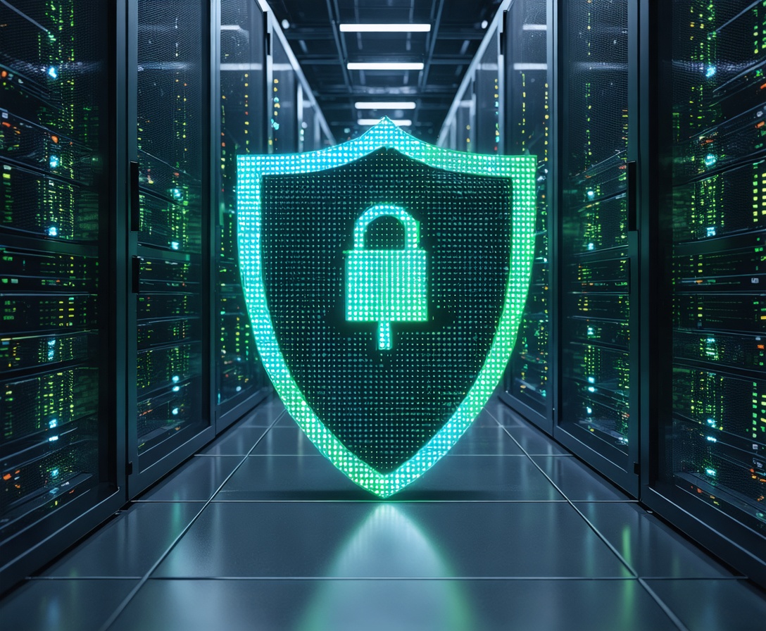 Simbolo di sicurezza digitale su infrastruttura server